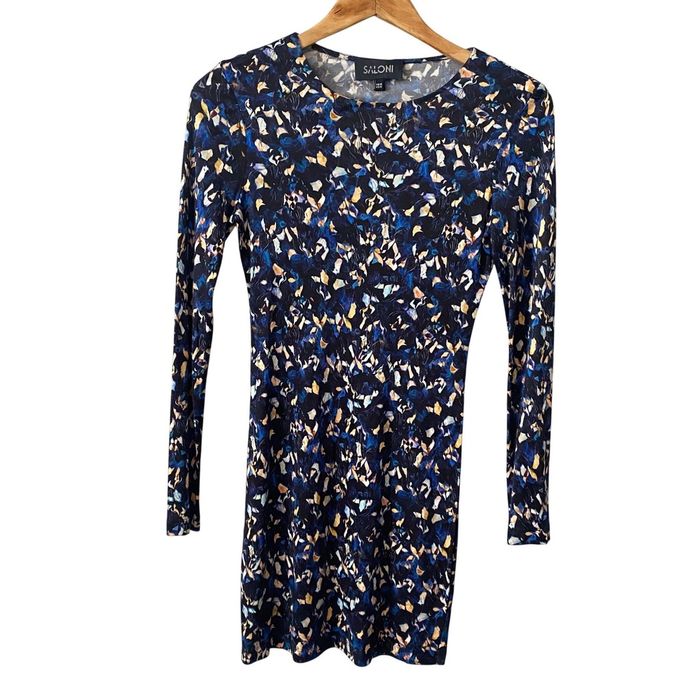 Saloni Blue Abstract Confetti Print Viscose Jersey Long Sleeve Mini Dress US 4